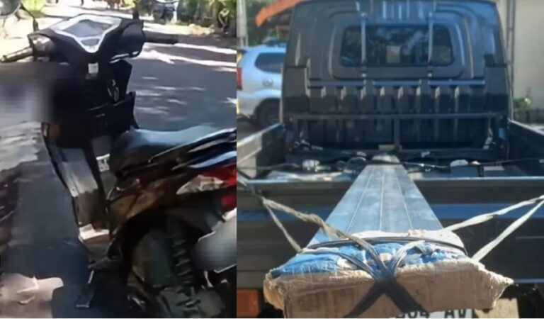 Left: a dark scooter parked on a sunny street; right: a pickup truck bed with a metal ramp and a pallet secured with straps.